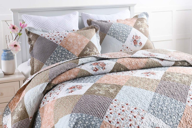 Travan 3-Piece King Quilt Set Quilted Bedspread Lightweight Reversible Coverlet Set Floral Printed Quilted Bedding Set with Shams for All Season, Brown Floral, King Size - Image 2